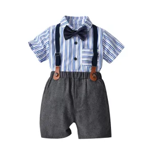 2 Pieces Set Baby Kid Boys Dressy Striped Bow Shirts And Solid Color Rompers Wholesale 22053140