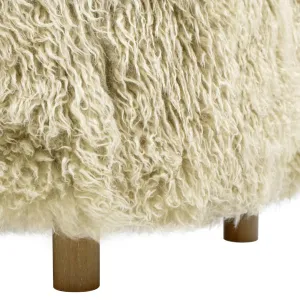 24.5" Mongolian Sheepskin Ottoman, Taupe Beige - Oak Legs, Luxe Chic Accent Piece