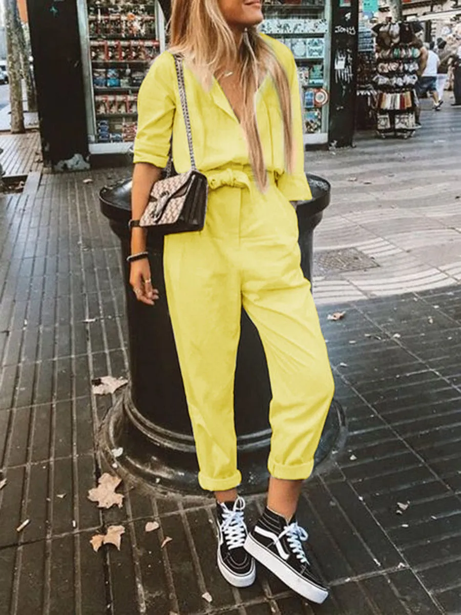 V-neck Casual Cotton and Linen Loose Two-piece Suit